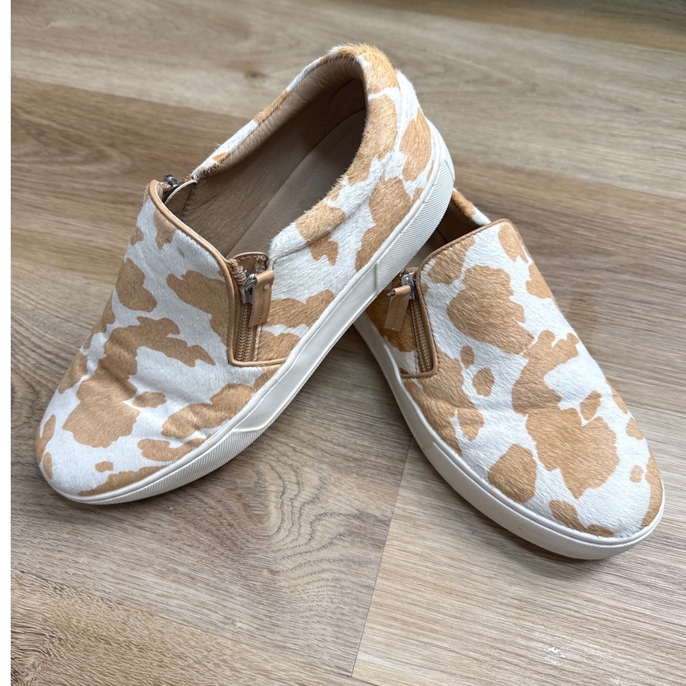 Very Volatile (Tan/White) Cow Print Calf Hair Slip On Sneakers Womens Size 8